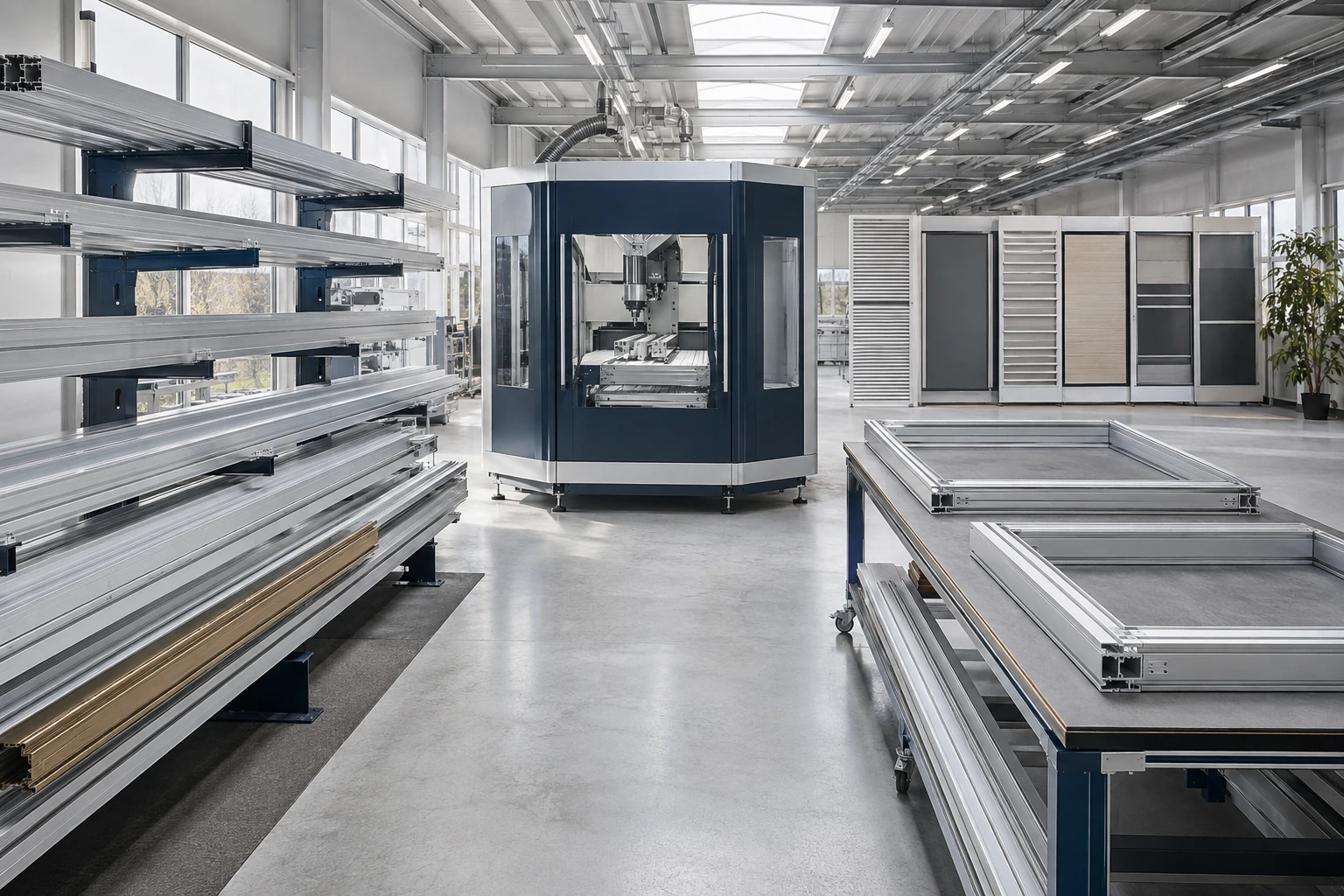 Helle Aluminiumfertigung mit Profillager, Bearbeitungszelle und Montagerahmen