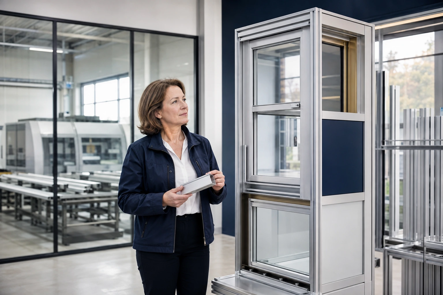 Person betrachtet Aluminiumprofil und Systemmuster in einem Betrieb