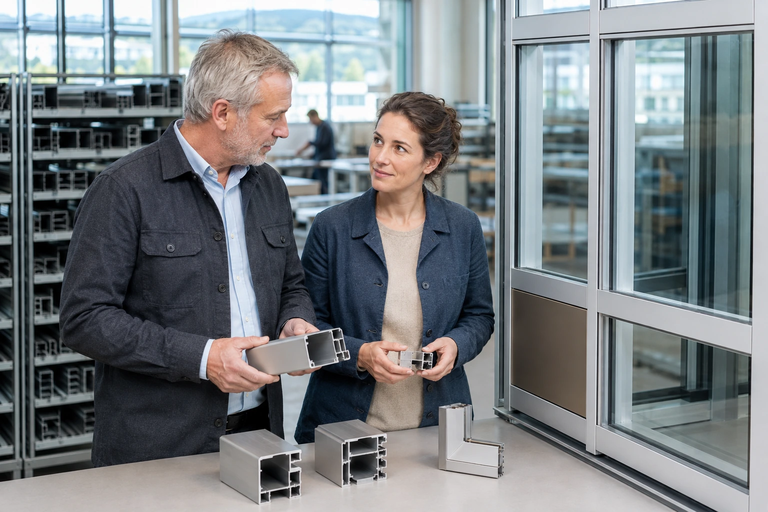 Zwei Personen betrachten Aluminiumprofile und ein Systemmodul